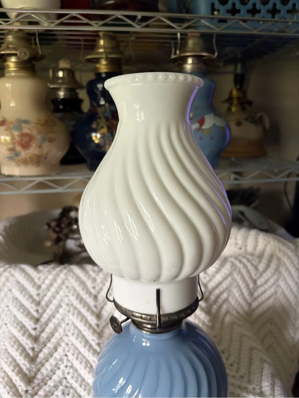 Vintage Swirl Glass Oil Lamp - Blue and White